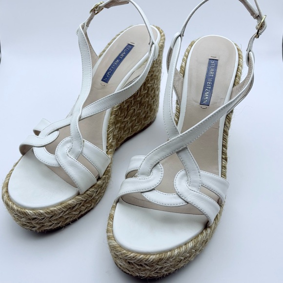 Stuart Weitzman Coquille Leather Wedge Espadrille Cream White Tan 9,5 LIKE NEW - Picture 4 of 6